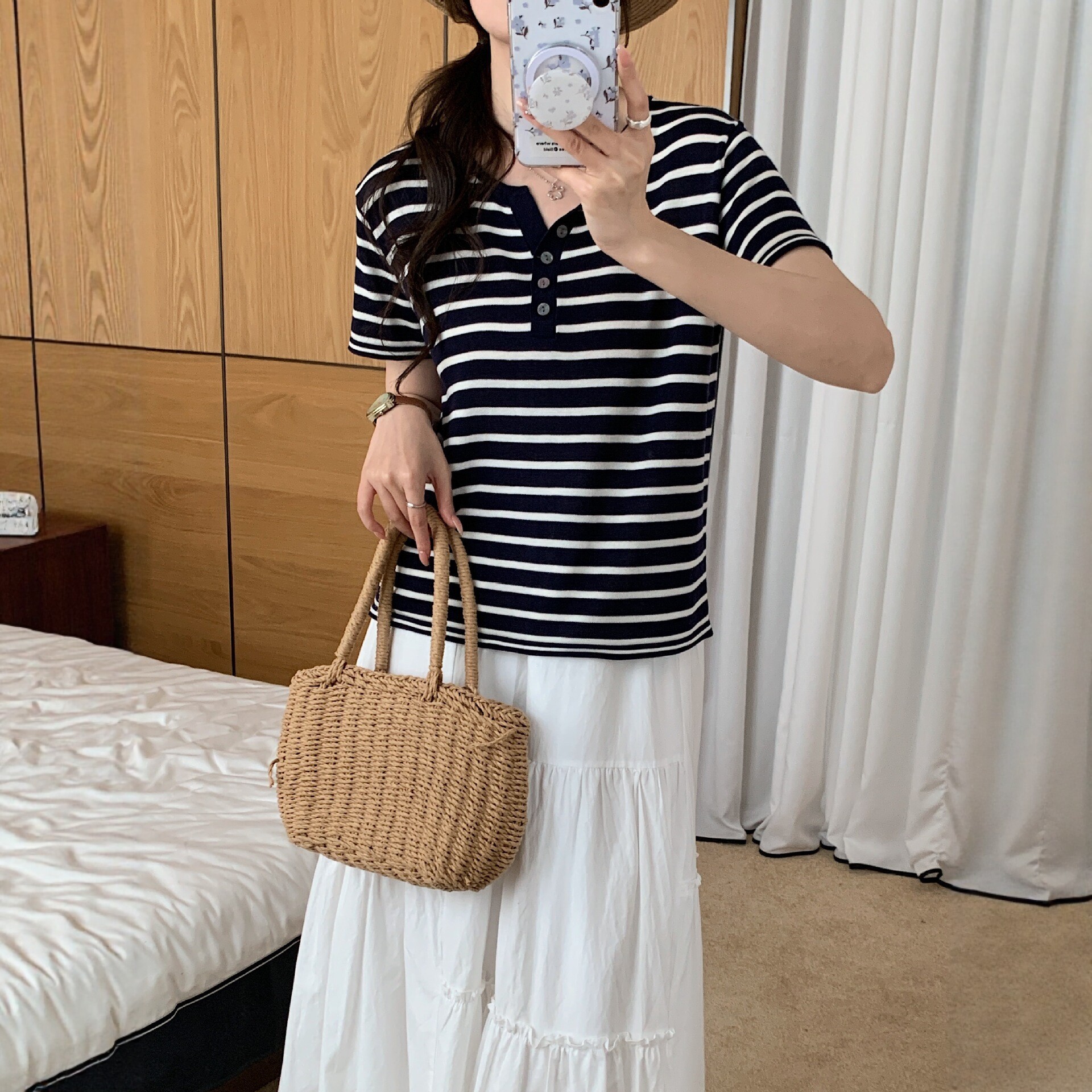 Minimalist Style Striped Button Design Knit Short-Sleeve Shirt 2026 Summer New Half-Open Collar Loose Slimming T-Shirt
