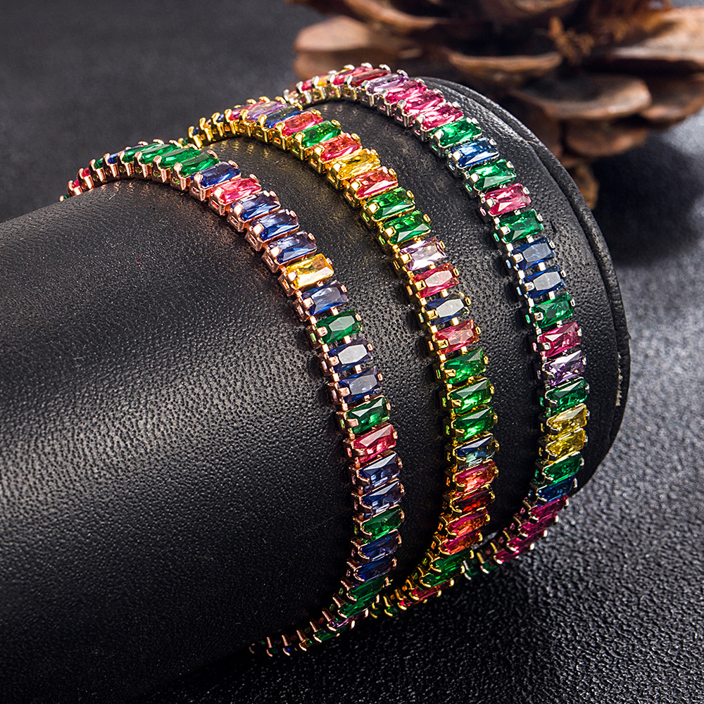 Amazon Explosive European and American Color Zircon Bracelet Women's Full Diamond Adjustable Crystal Tennis Chain Color Zirconium Bracelet