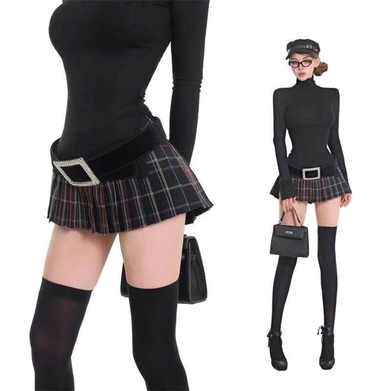 American-Style Spicy Girl Pure Color High-Neck Irregular Top with Plaid Pleated Hip-Hugging A-Line Short Skirt 2025 Autumn Set