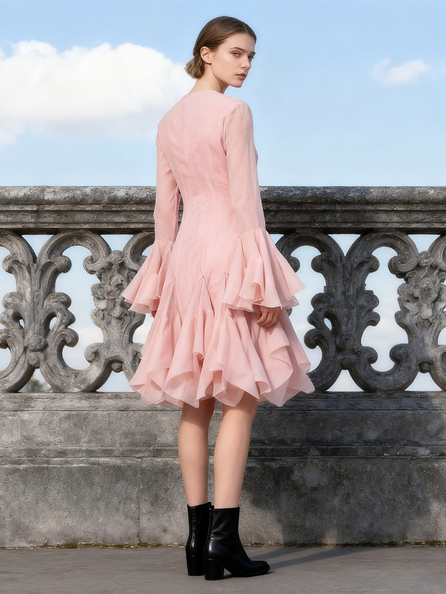 Romantic Lotus Leaf Edge Long-Sleeved Mid-Length Dress 2026 Summer New Style Round Neck Waist-Cinching Zipper Placket Dress for Women