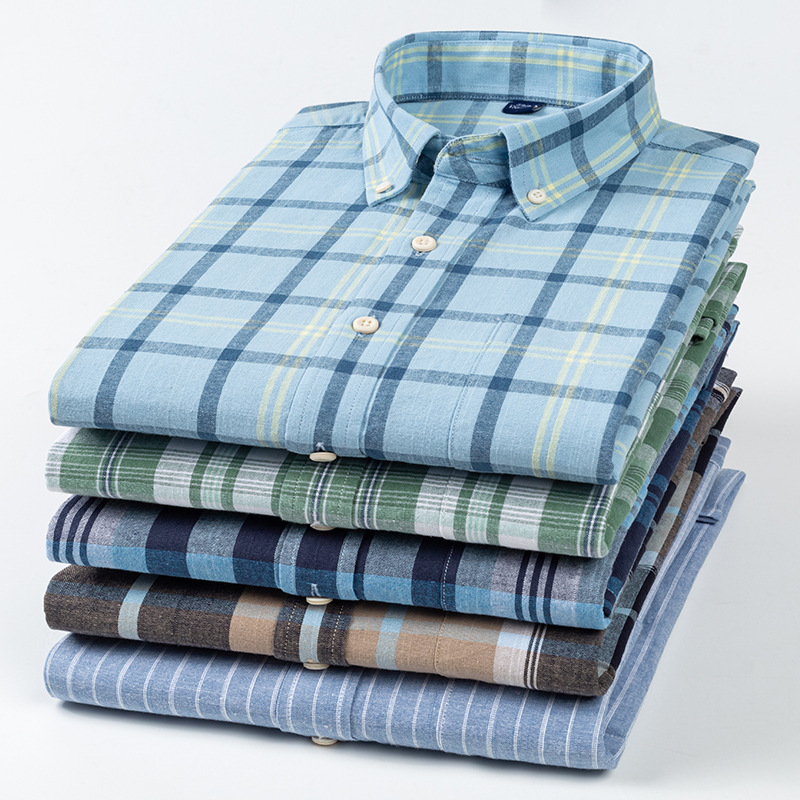 Spring and Autumn New Youth Men's Linen Plaid Long-Sleeved Shirt Fashion Casual Sweat-Absorbent Breathable Striped Shirt Single Wear