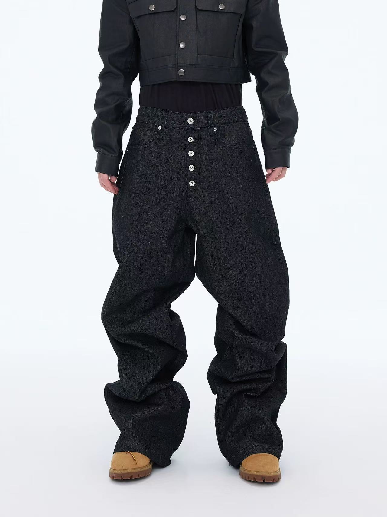 American Retro Baggy Style Three-Dimensional Cut Five-Button Loose Wide-Leg Floor-Length Black Raw Denim Straight-Leg Jeans Trendy