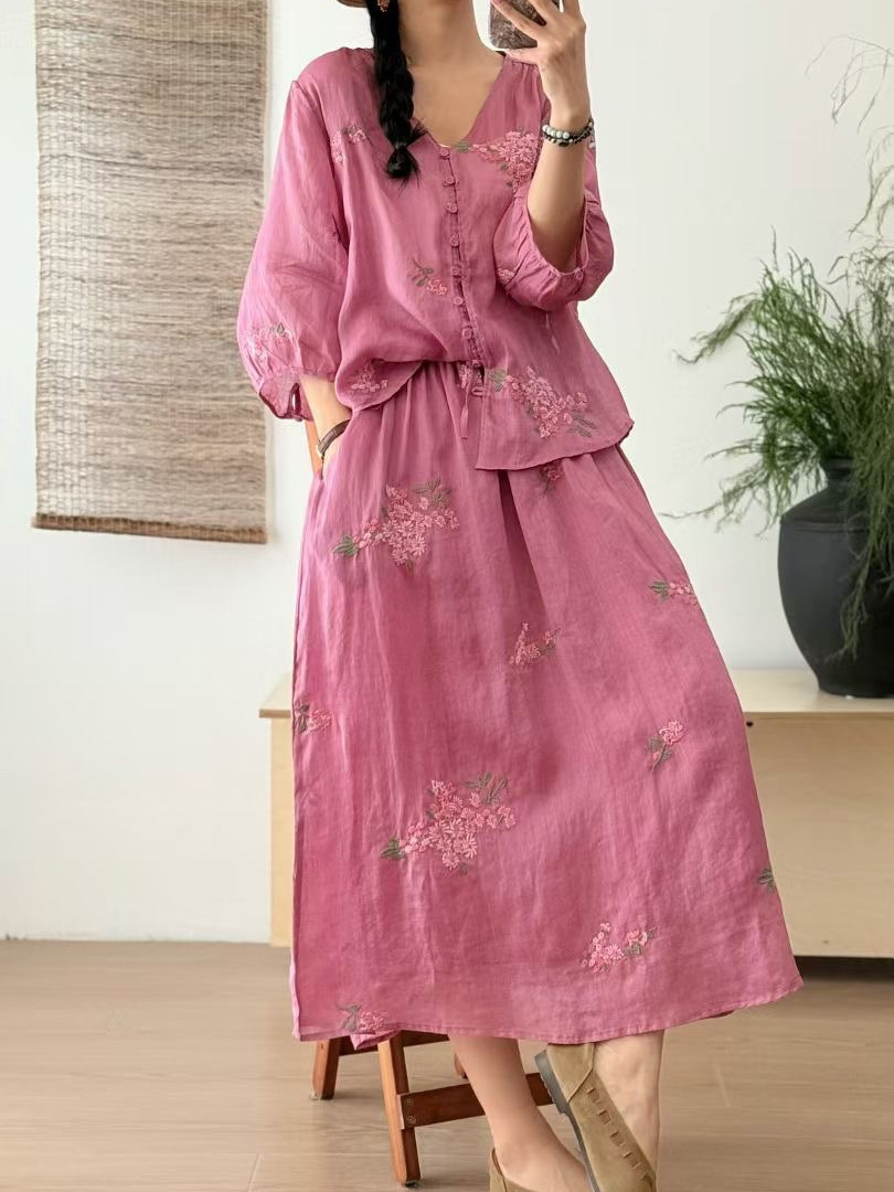 Ethnic Style Embroidered Single-Breasted V-Neck T-Shirt with Matching Skirt, Pastoral Style Gentle Suit for Women