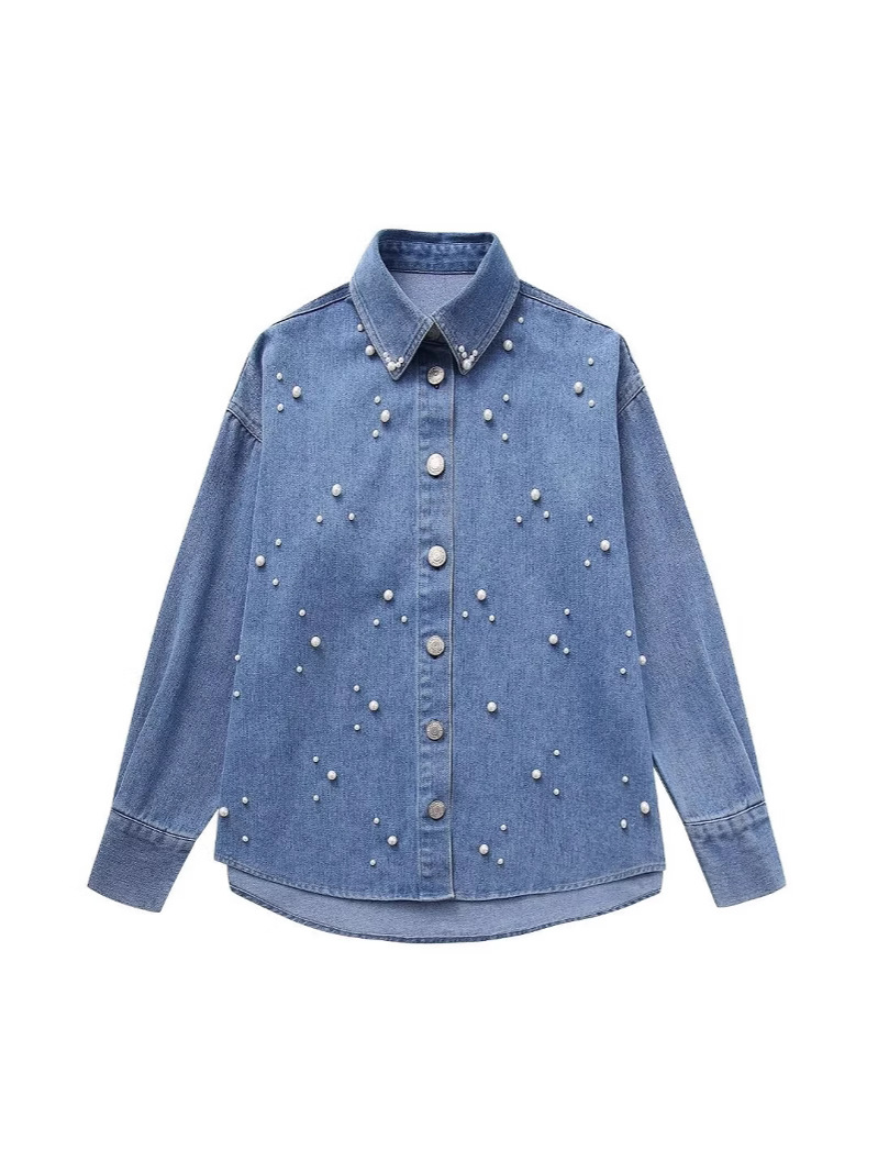Zatrax-2024 European and American Women's Simple Fashion Faux Pearl Long Sleeve Lel Denim Shirt Loose Casual