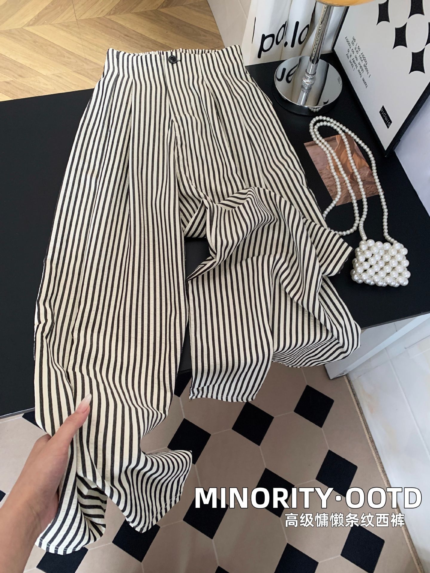 Ice Silk Striped Wide-Leg Pants for Women, High-Waisted, Loose Fit, Versatile, Suitable for Work, Drapey, Casual, Straight-Leg, Floor-Length, Suit Pants