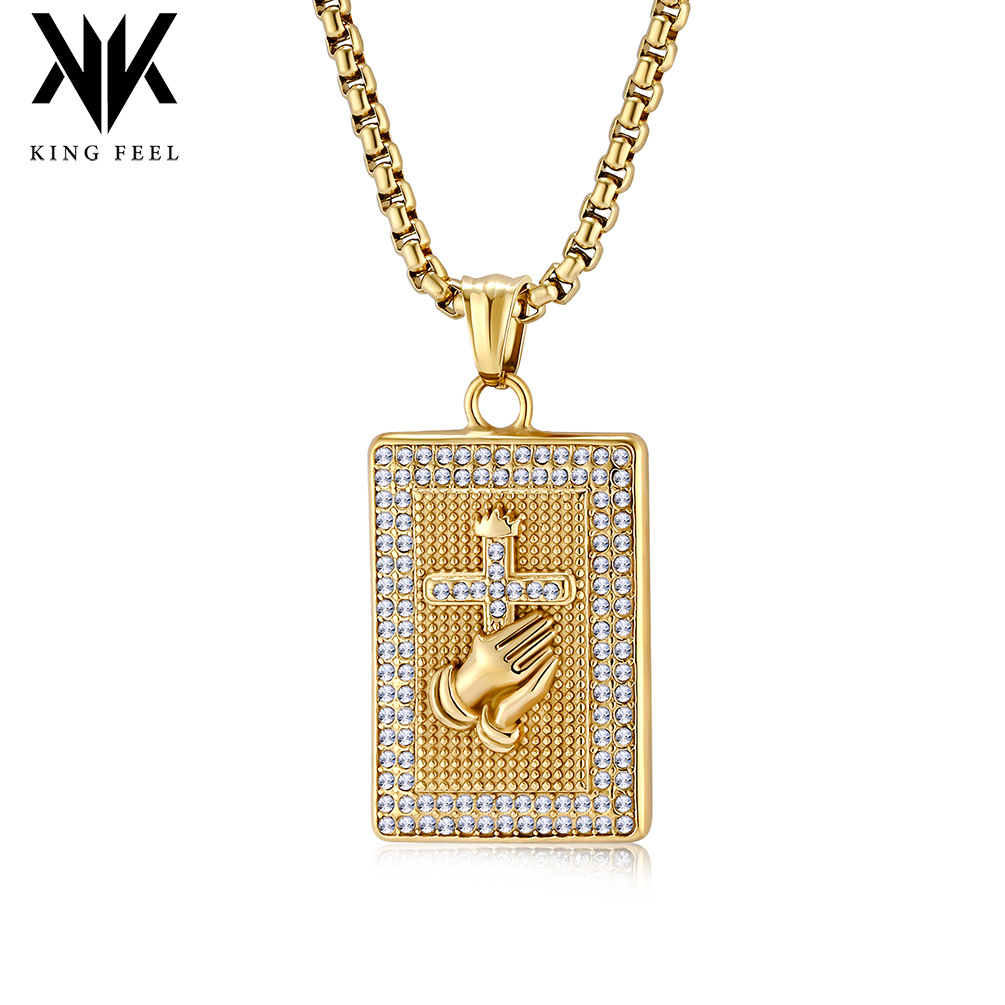 Cross-border Jewelry Factory European and American hiphop Prayer Hand Cross Full Diamond Titanium Steel Necklace Plated 18K Pendant