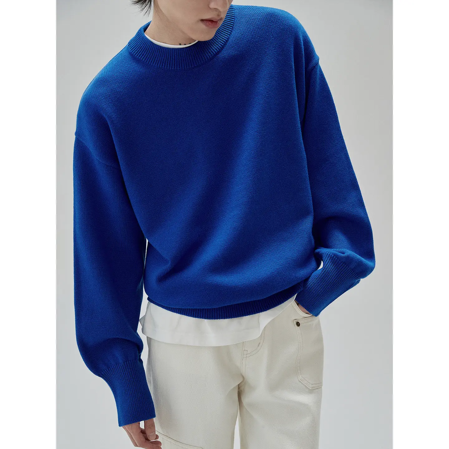 【Nans】Cotton and Wool Blended High Rib Wide Sleeves Retro Profile Round Neck Sweater / Wool Crewneck