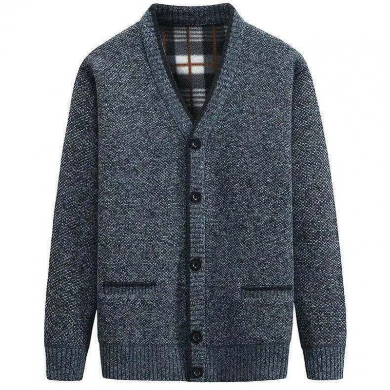Foreign Trade Professional Hair Winter Middle-aged Men's fleece-lined Sweater Cardigan Thickened V-Neck Middle-aged and Old Dad's Knitted Outer
