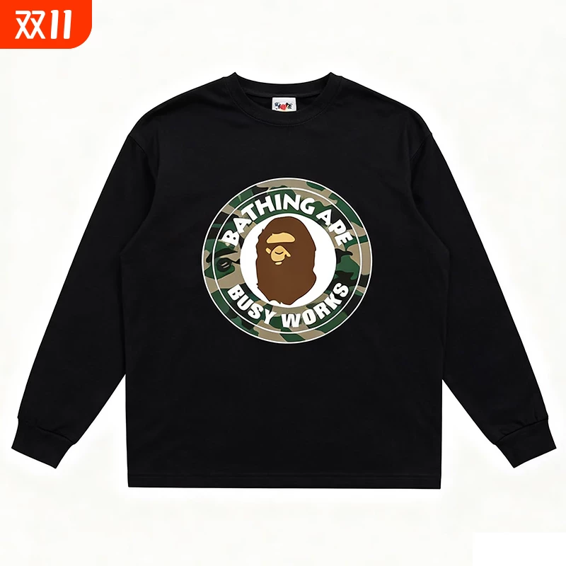 Trendy APE long sleeved T-shirt made of pure cotton 300g, heavy-duty version SHARK BAPE camouflage shark parent-child base shirt