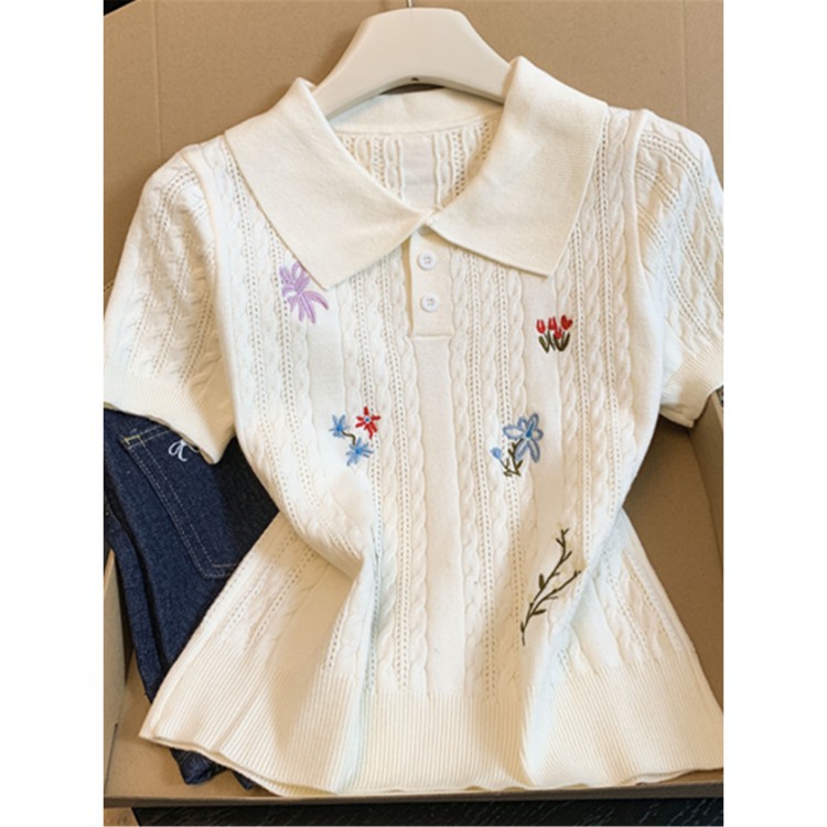"4.7/Summer New Arrival" Xuan Xiao Jie Heavy Embroidery Floral Ice Silk T-Shirt Knitted Base Shirt