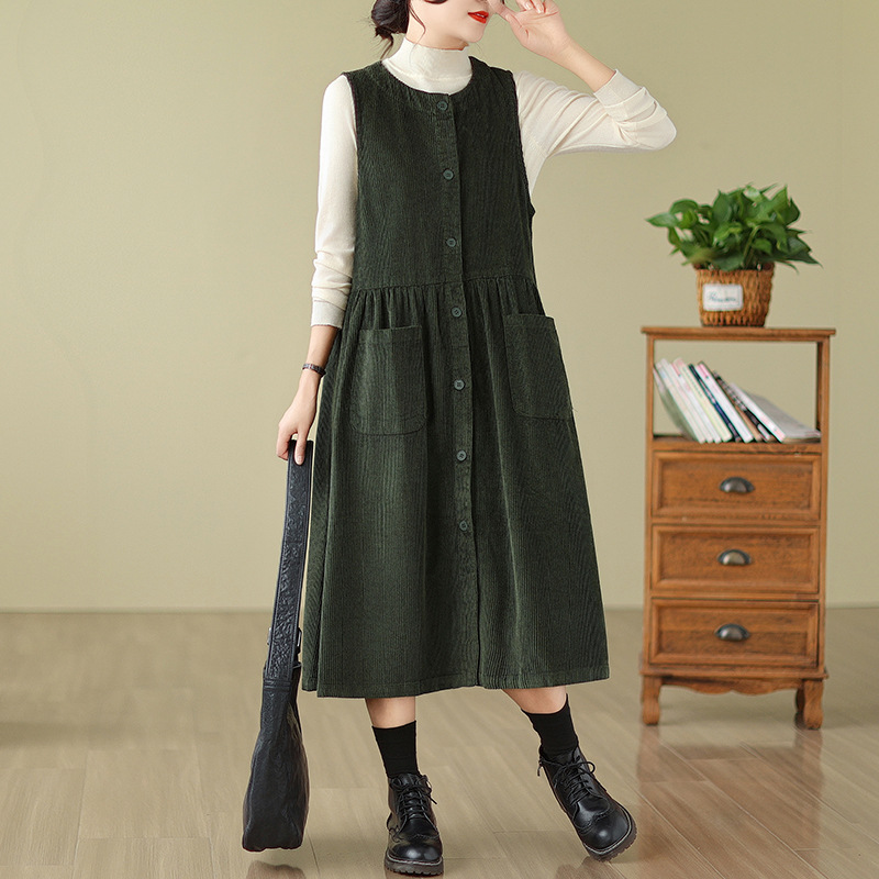 4 Colors 2026 Spring Cardigan Button-Down Corduroy Dress Vest Dress Women's Fashionable Loose Age-Reducing Suspender Dress