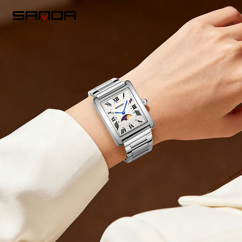 Sanda Fashionable Light Luxury Women's Watch with Sun and Moon Rotation, Solid Steel Band Wristwatch, Roman Business Waterproof Square Quartz Watch