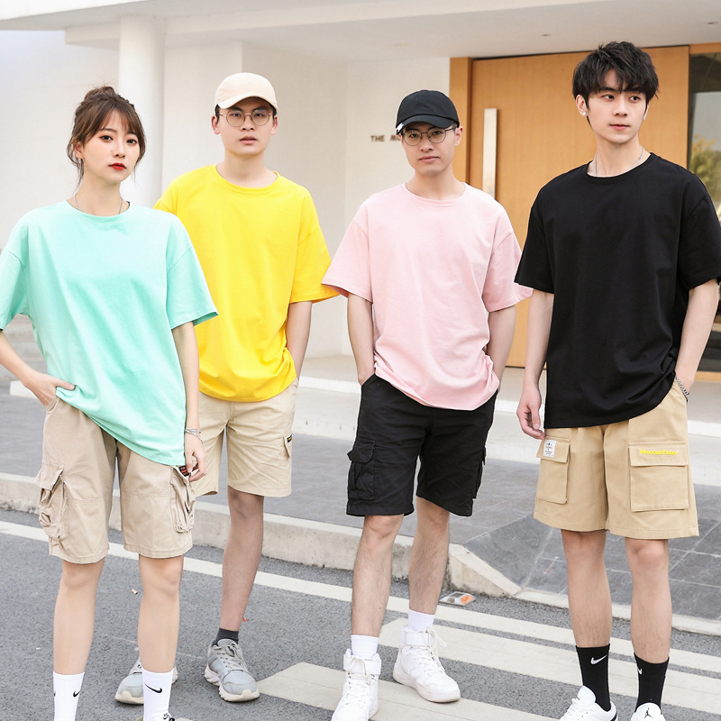 Live supply 240 grams of double yarn cotton drop shoulder crew neck T-shirt short sleeve loose trend graduation class clothes printing