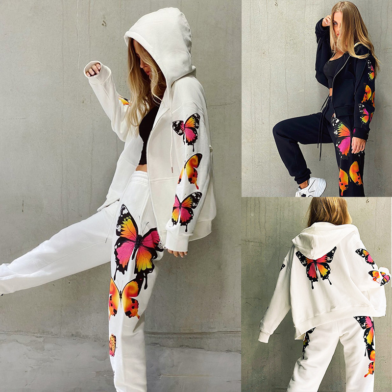 2021 Autumn and Winter New Amazon Hot Style European and American Butterfly Print Long Sleeve Hooded Zipper Casual Sweater Suit for Women