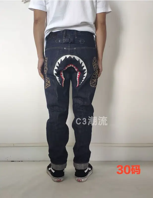C3 Trendy Taper Shark Denim Pants Shark Embroider Original Color Red Ear Denim Denim Men