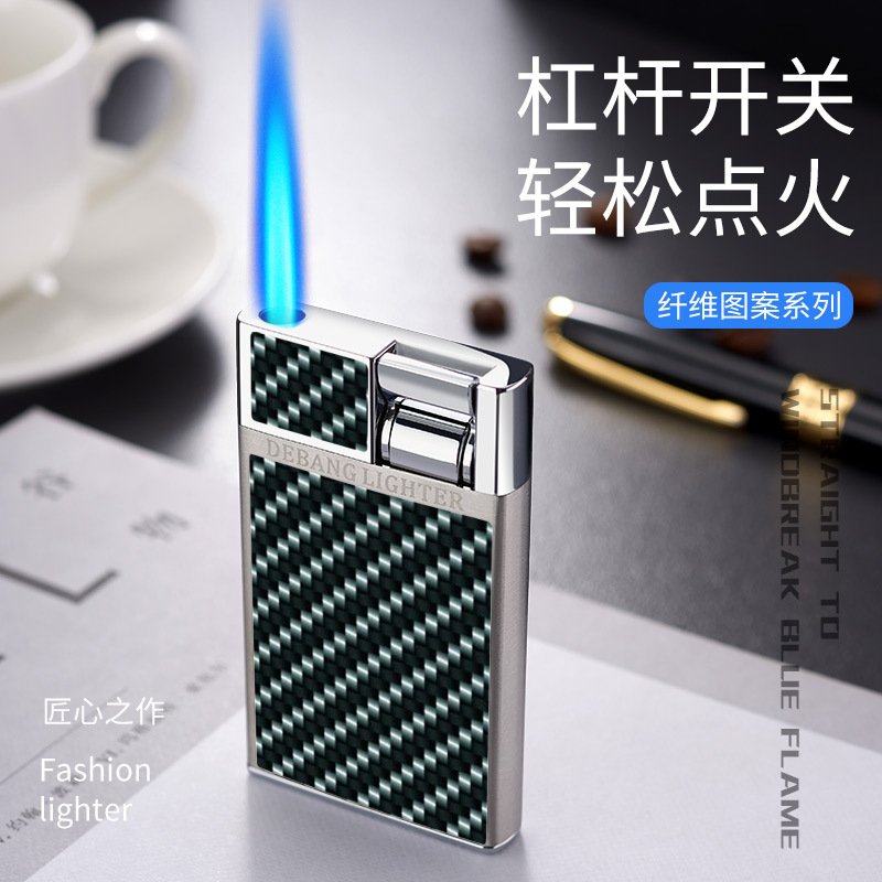 DB212 Fiber Pattern Lever Press Inflatable Lighter Creative Blue Flame Straight Metal Windproof Lighter