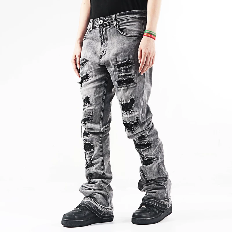 American street hip-hop basic washing and repairing program, extended heavy-duty elastic stacking horn denim pants