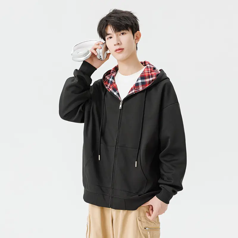 American Plaid Cardigan Sweater Men's Spring and Autumn New Loose Hooded Top Couple's Fashionable Brand Clothes Zipper Jacket