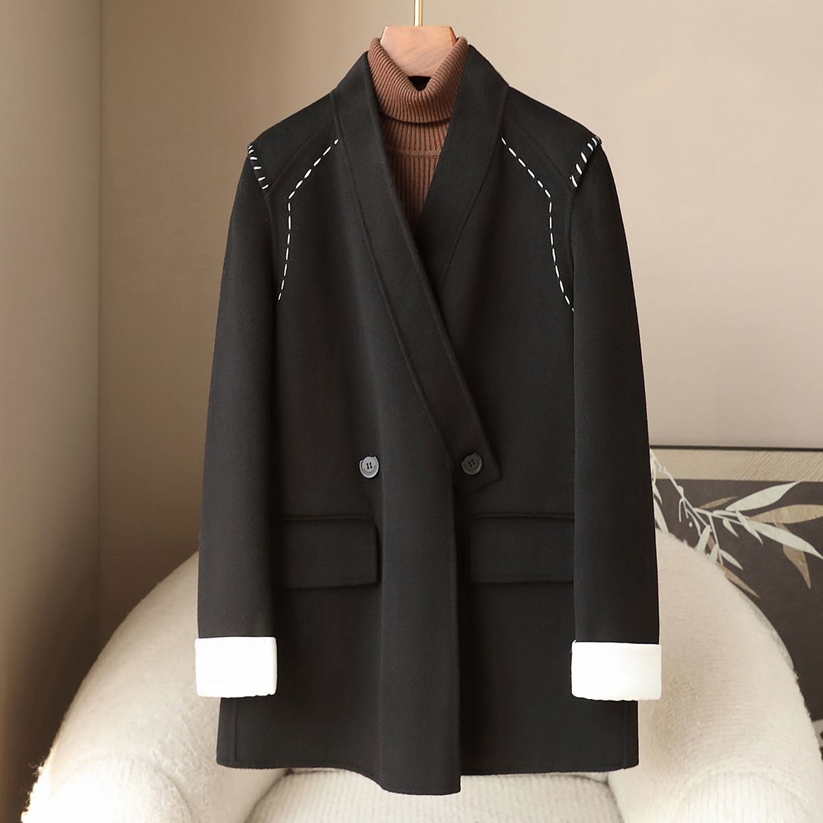 Small Quantity of Clothing 2025 Spring New Style 10% Cashmere Double-Sided Woolen Coat Casual Suit Woolen Jacket