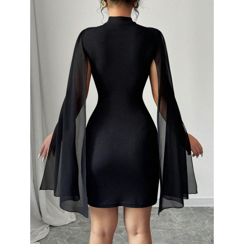 Women's Black Stand-Collar Cape-Sleeve Tight-Fitting Sheer Mesh Sleeve Bodycon Dress, Women's Fashionable and Sexy Clothing