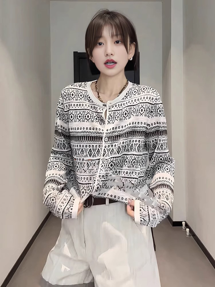 Retro Mulberry Silk Linen Curled Round Neck Long-Sleeved Cardigan 25 Summer New Versatile High-Bottom Shirt Top
