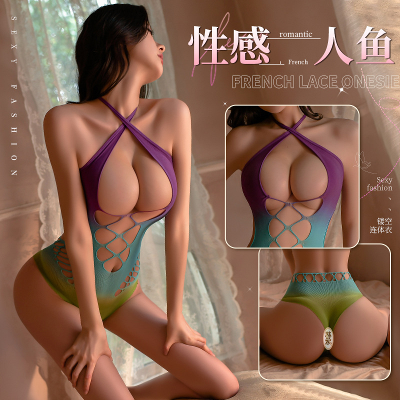 Manyan sexy lingerie sexy mermaid gradient hollow mesh hanging neck lace-up jumpsuit uniform suit 7167