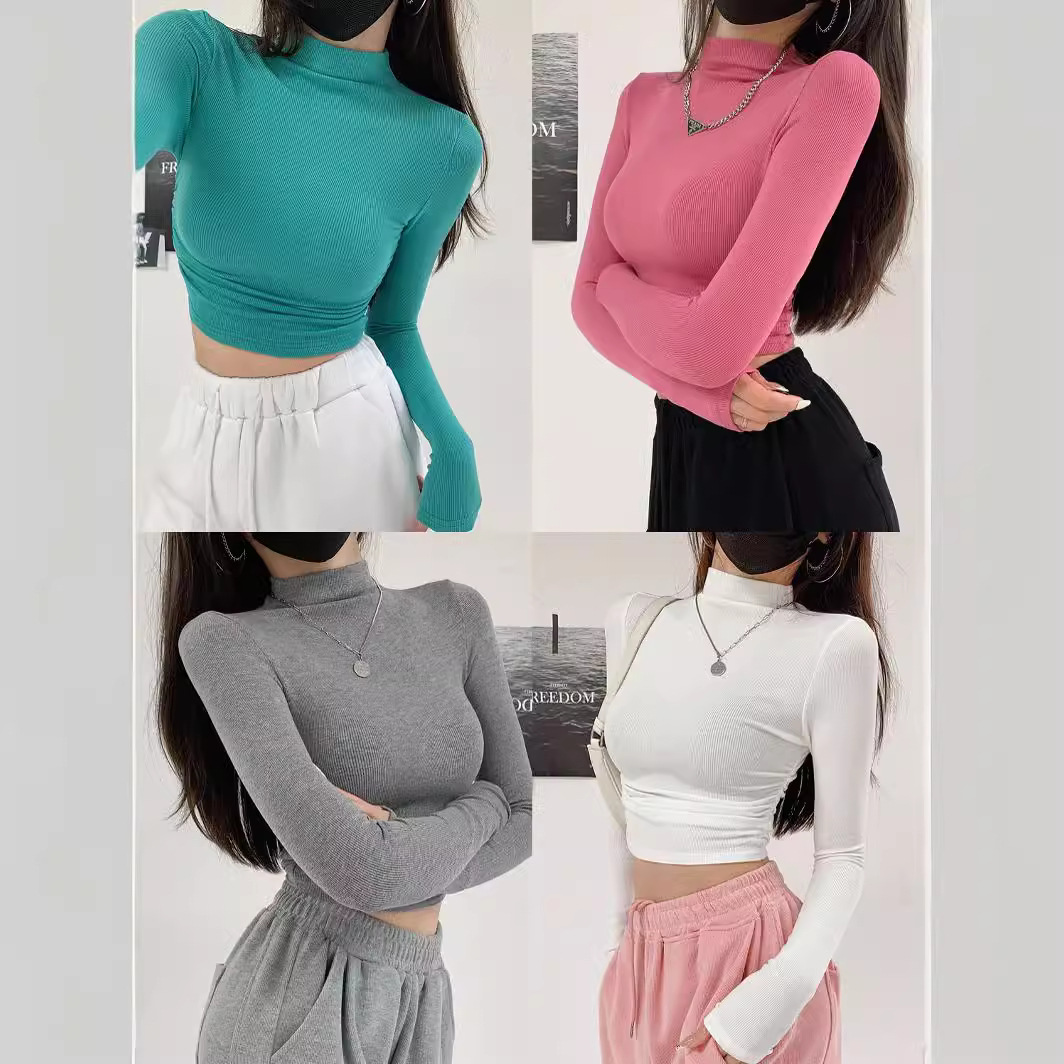 Pure sexy tight slimming design pleated small turtleneck short navel bottoming shirt long sleeve T-shirt top summer