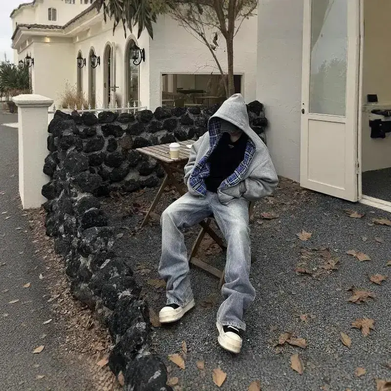 即墨 秋冬新款欧美跨境拼接双面穿个性开衫小众设计连帽卫衣外套