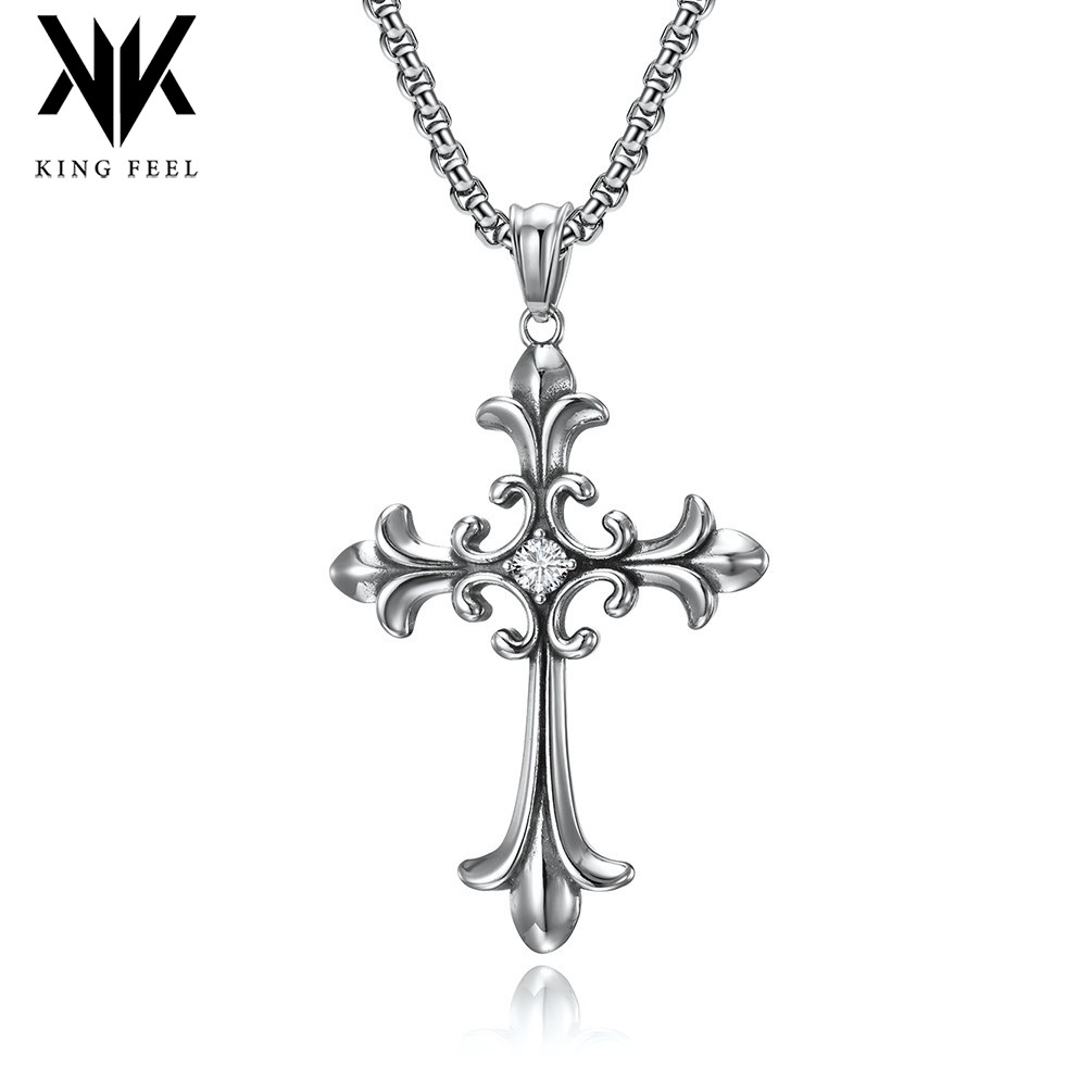 Gothic Style Retro Cross Set with Diamonds Titanium Steel Pendant European and American Trendy Stainless Steel Cross Necklace