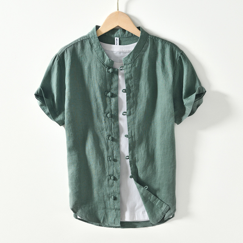 L994 solid color pure linen jacket men's national tide original Chinese style buckle short sleeve shirt a generation of hair