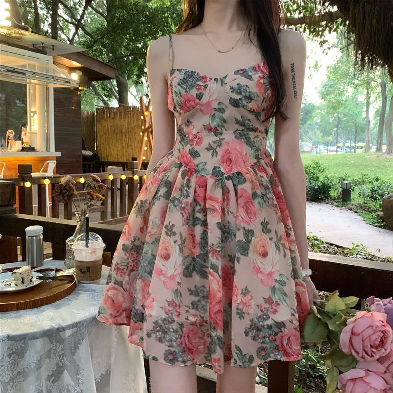 High Waist Elegant Slimming Floral Sling Dress Fairy Spring and Summer French Style New A- line Short Skirt for Small Men
