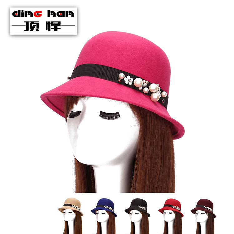 Autumn and winter New Pearl small flower bowler hat women's wool-like felt hat trendy Dome hat wholesale