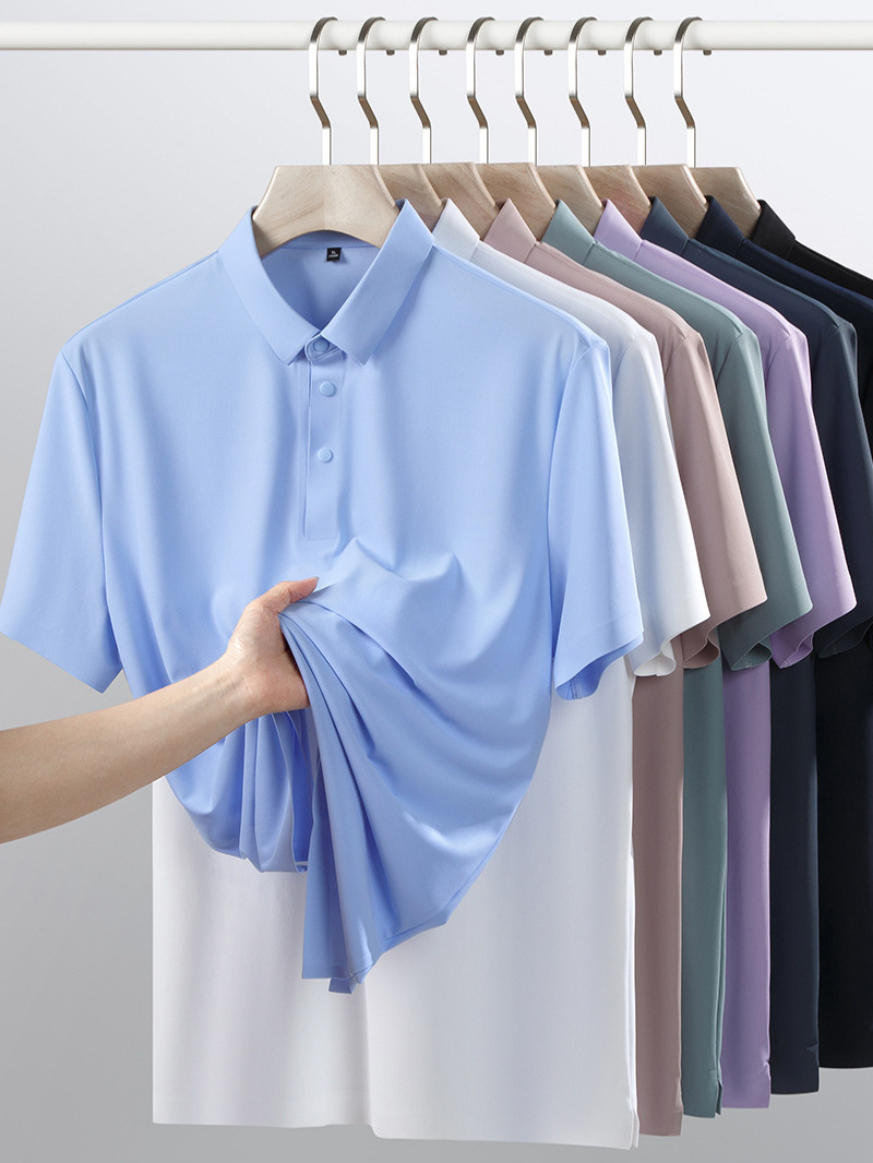 [New] 5A Antibacterial Summer Men's Traceless Short-sleeved High-elastic Non-iron Polo Shirt Casual Solid Color Cool High-grade