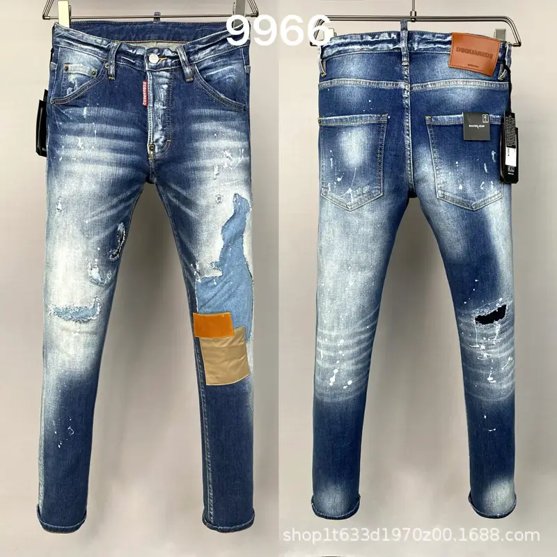 9966 New D2 Men's Denim Pants with Patches, Personalized European Style, Faded White Straight-Leg Cross-Border Trendy Jeans