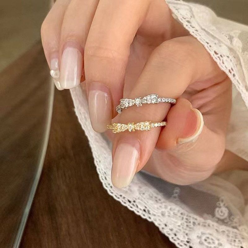 Zircon Bow Light Luxury Open Ring Women's Korean Niche Retro Personalized Simple All-match Elegant Ring Ring Ring