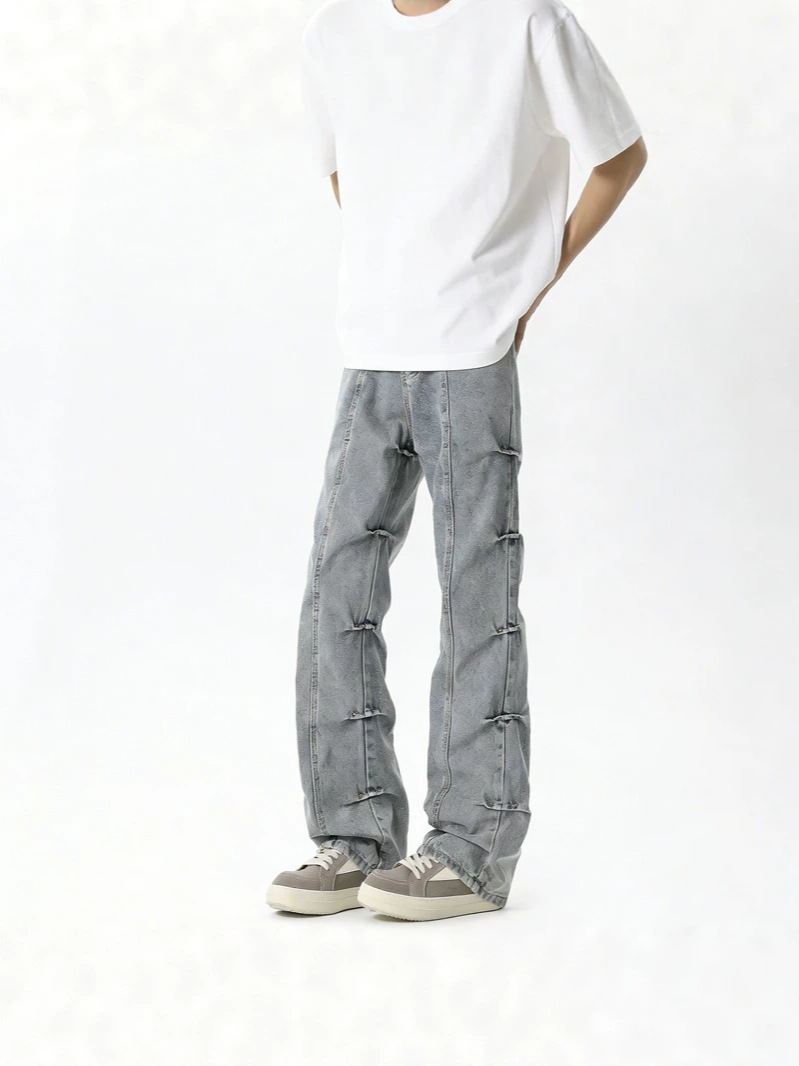 Customized American Retro Pleated Jeans for Men, New High Street Niche Design Pants, Straight Slim Fit Bootcut Pants
