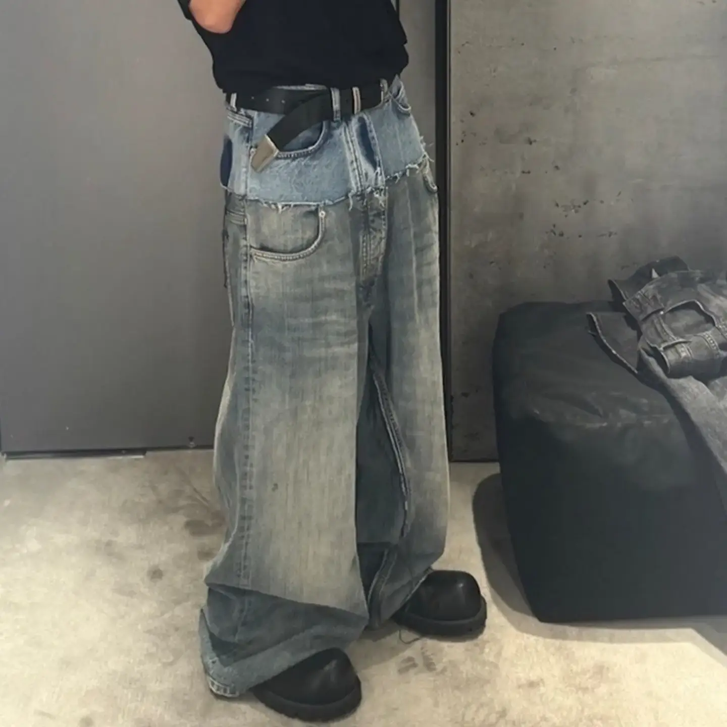 Paris Style Bmc Show Cat Whiskers Destroyed Pants for Men and Women Cut-Up Double-Layer Double-Waist Stitching Baggy Jeans