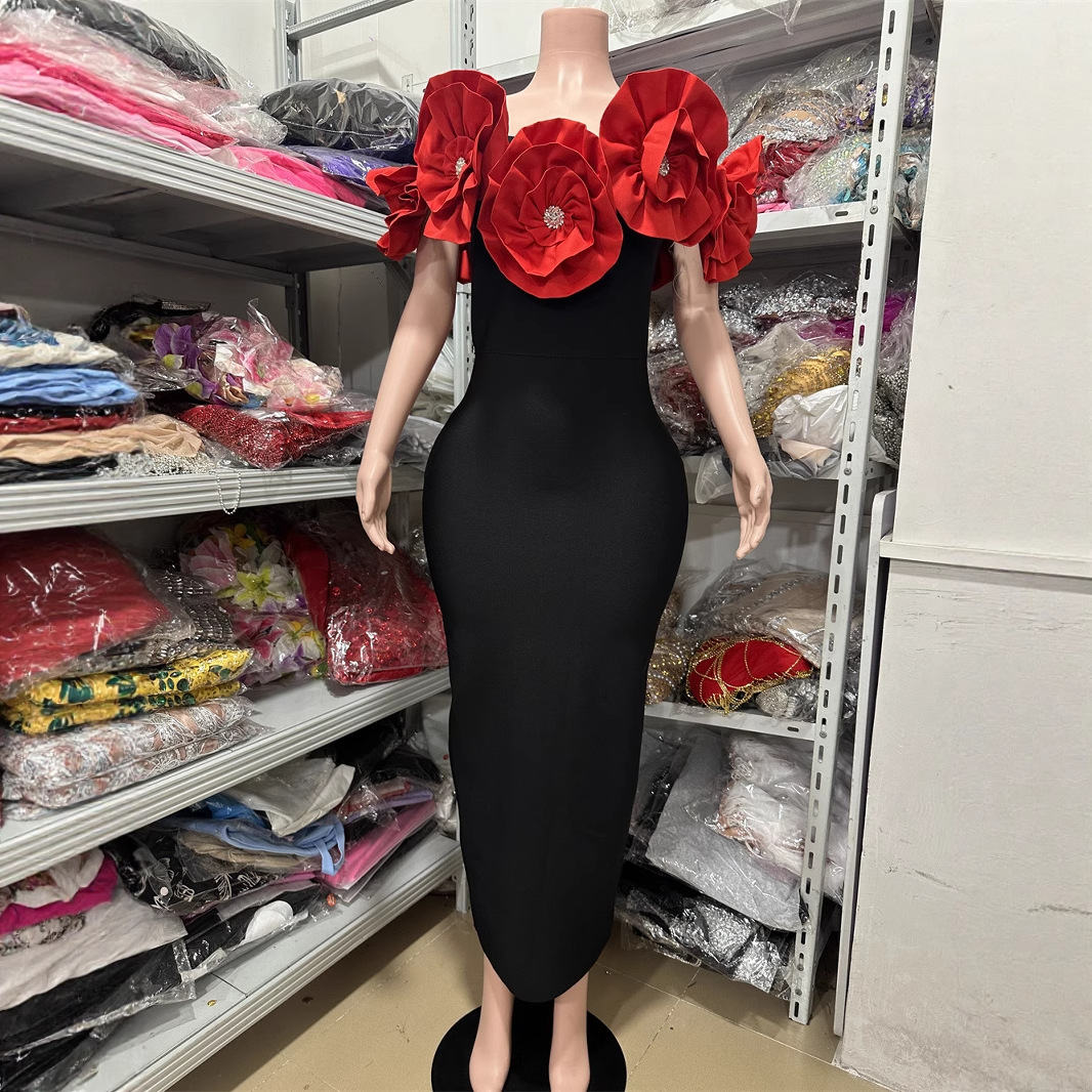 Cross-Border Women's New Style Backless One-Shoulder Tube Top with Three-Dimensional Flower Design Slim Long Skirt Temperament Women's Clothing
