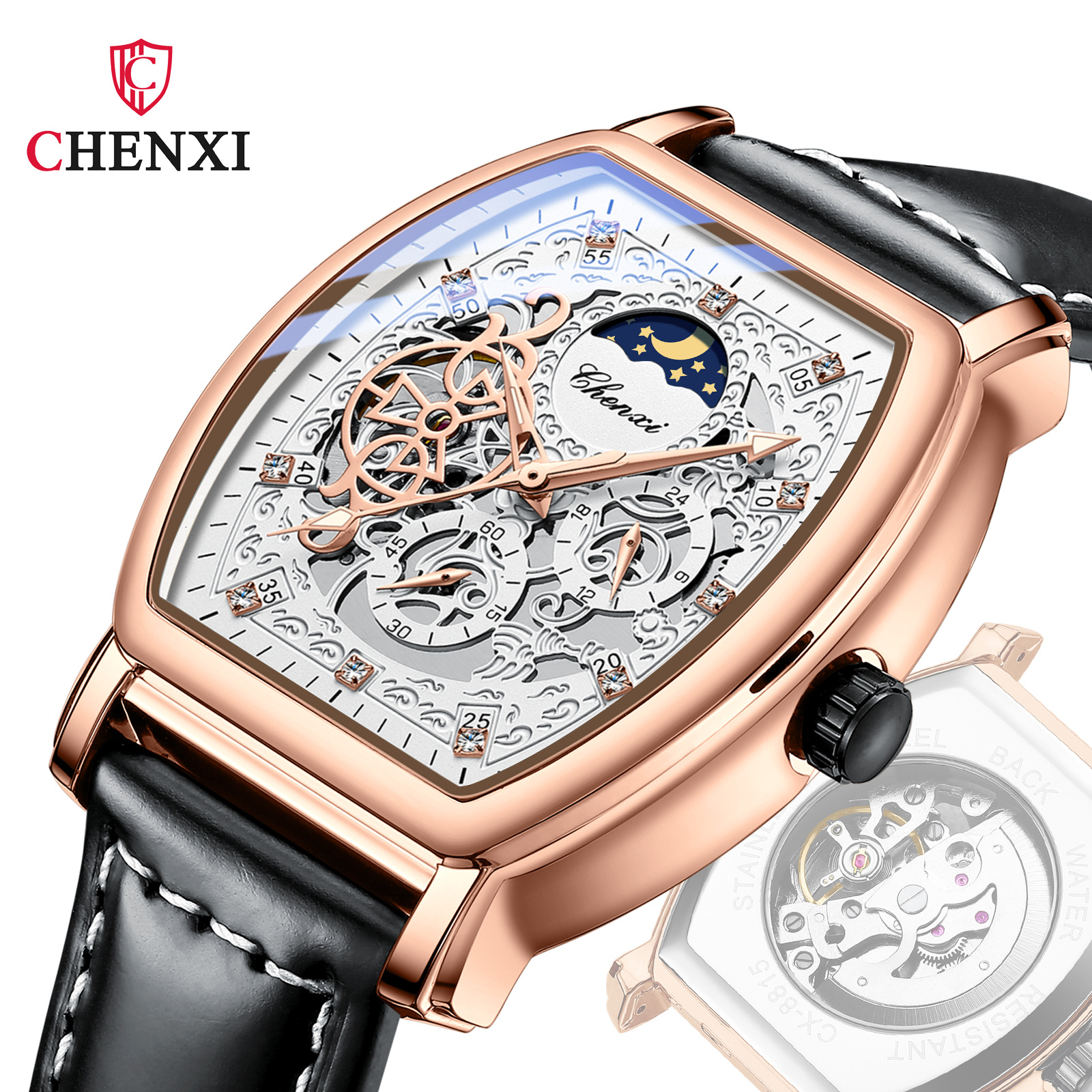 Chenxi Barrel-Shaped Men's Mechanical Watch with Hollow Leather Strap, Fully Automatic Mechanical Watch, Exclusively for Cross-Border Sales with Fast Delivery