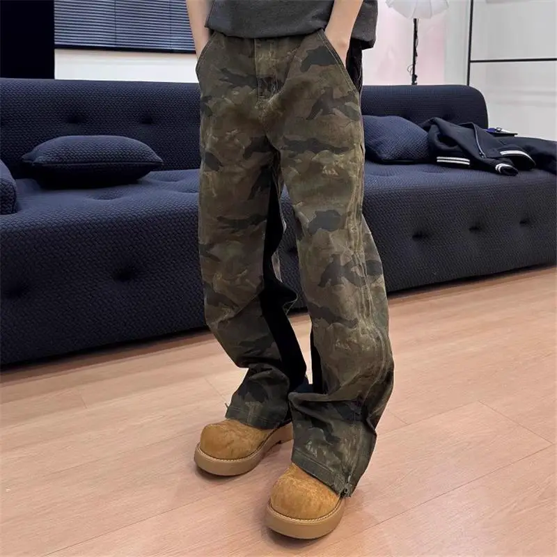 2025 American Street Style Retro Patchwork Camouflage Pants Washed Loose Slimming Casual Workwear Pants