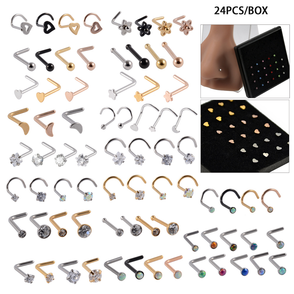 24 boxed stainless steel claw zircon nose studs Diamond-embedded Opal zircon curved nose studs multiple love five-star nose rings