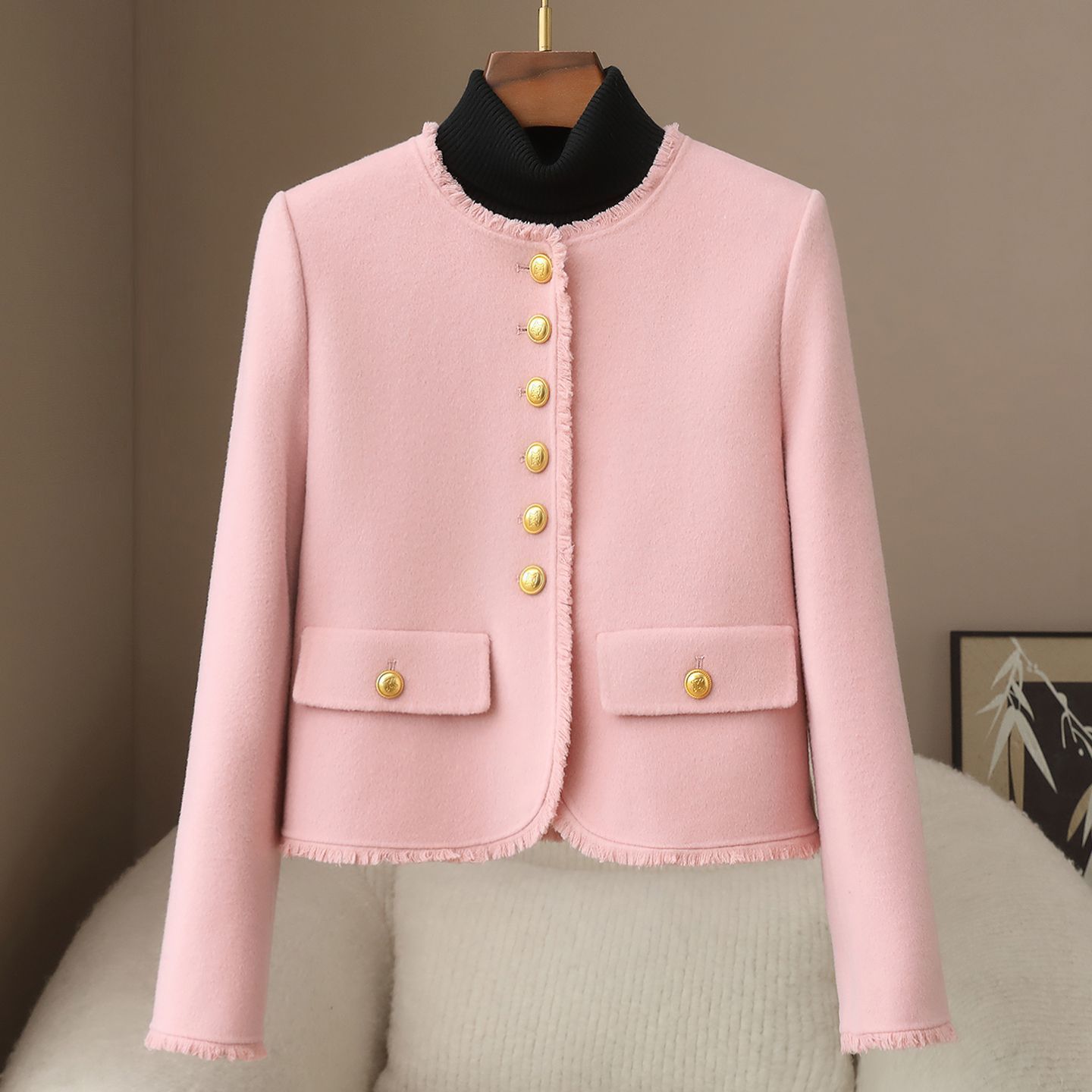 Small Quantity of Clothing: 2026 Spring New Style 10% Cashmere Women's Pink Elegant Chanel-Style Single-Breasted Double-Sided Wool Coat