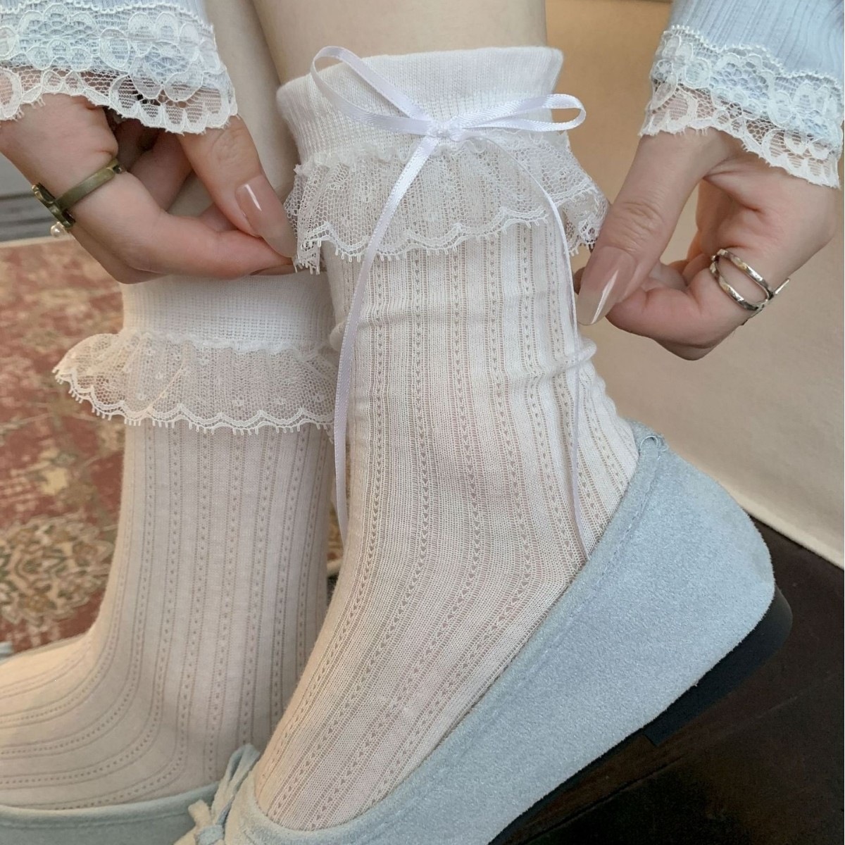 Ballet-Style Mid-Calf Socks for Women, Sweet Bowknot, Summer Thin Lace Trim, Korean Style, Ins Gray Slouch Socks