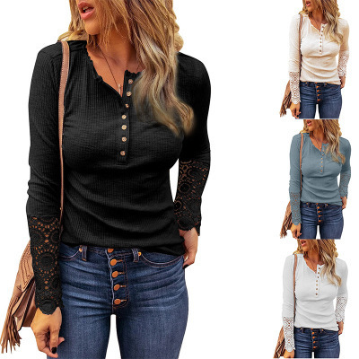 2022 cross-border European and American Amazon AliExpress crew neck button stitching lace sleeve loose solid color long sleeve T-shirt
