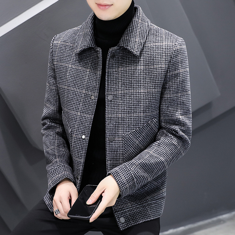 Autumn and Winter Men's Short Plaid Trendy Stylish Woolen Jacket Slim Fit Casual Thickened Trench Coat