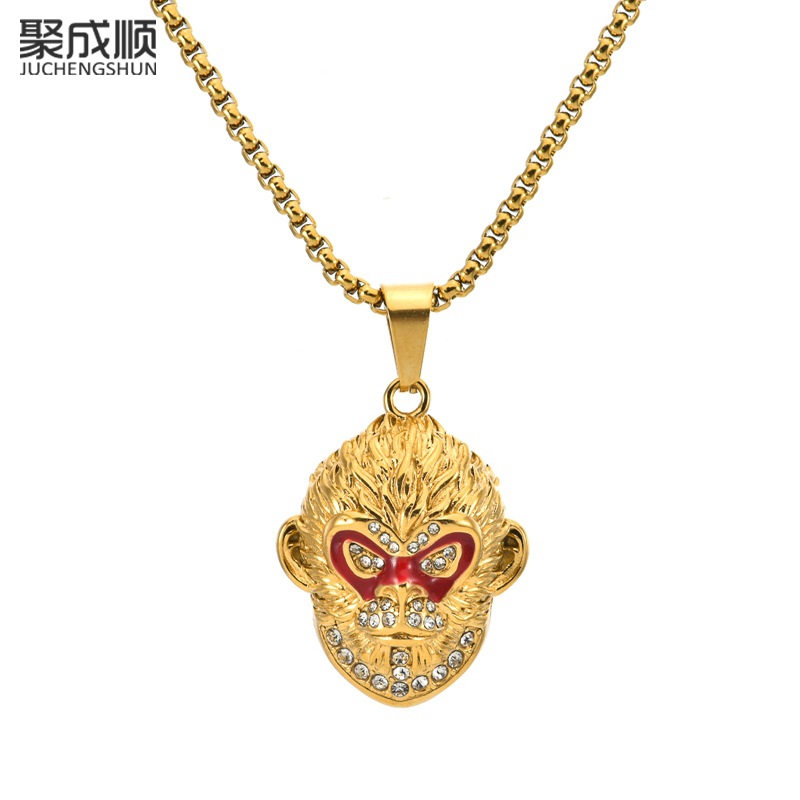 Men's Trendy Hot-Selling Creative Black Myth Wukong Mask Pendant Necklace Titanium Steel Diamond-Encrusted Dark Monkey King Necklace