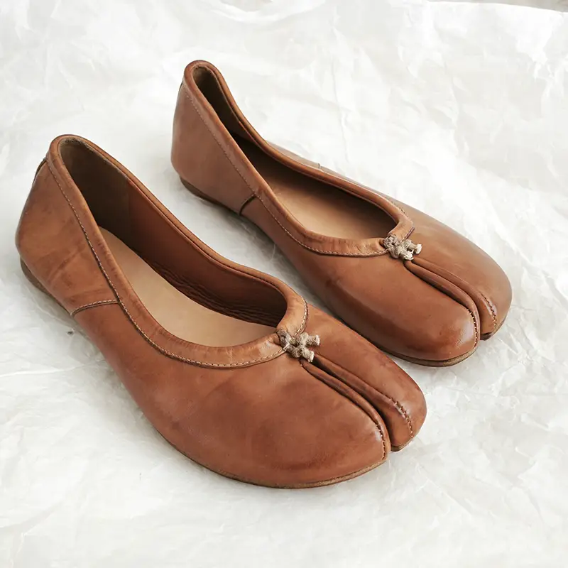 R21 Handmade 2025 Spring and Summer Washed Horsehide Tabi Split-Toe Shoes Women's Pig Trotter Shoes Flats Flats Ballet Shoes