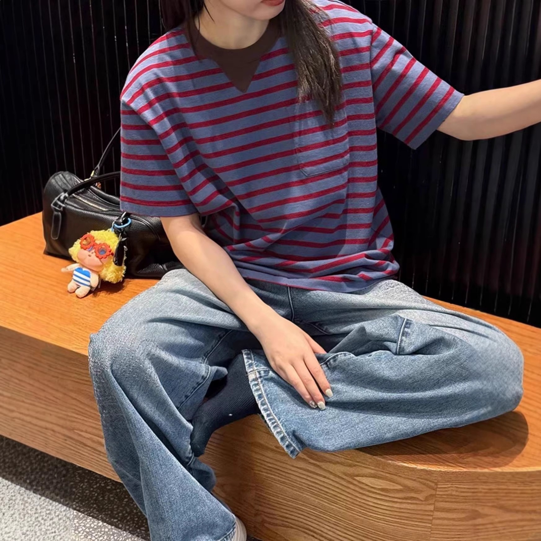 Academy-Style Literary Flair with a Touch of Artistic Flair! Washed Cotton Striped Short-Sleeve T-Shirt for Women, Available for Dropshipping