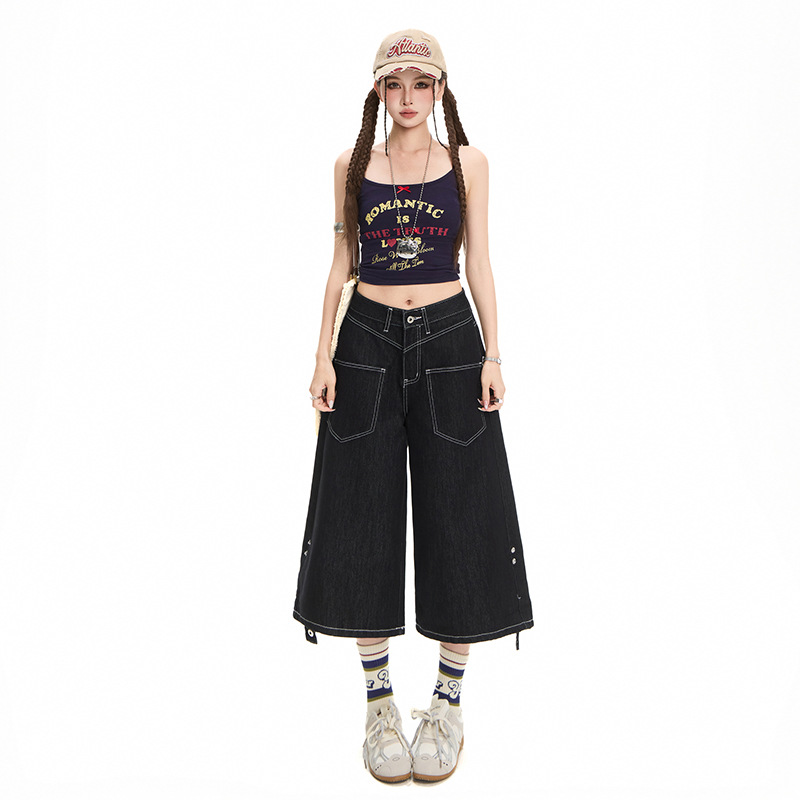 Women's 2026 Summer New Style Straight High-Waisted Loose Slimming Wide-Leg Cropped Jeans with Visible Stitching and Pocket Design