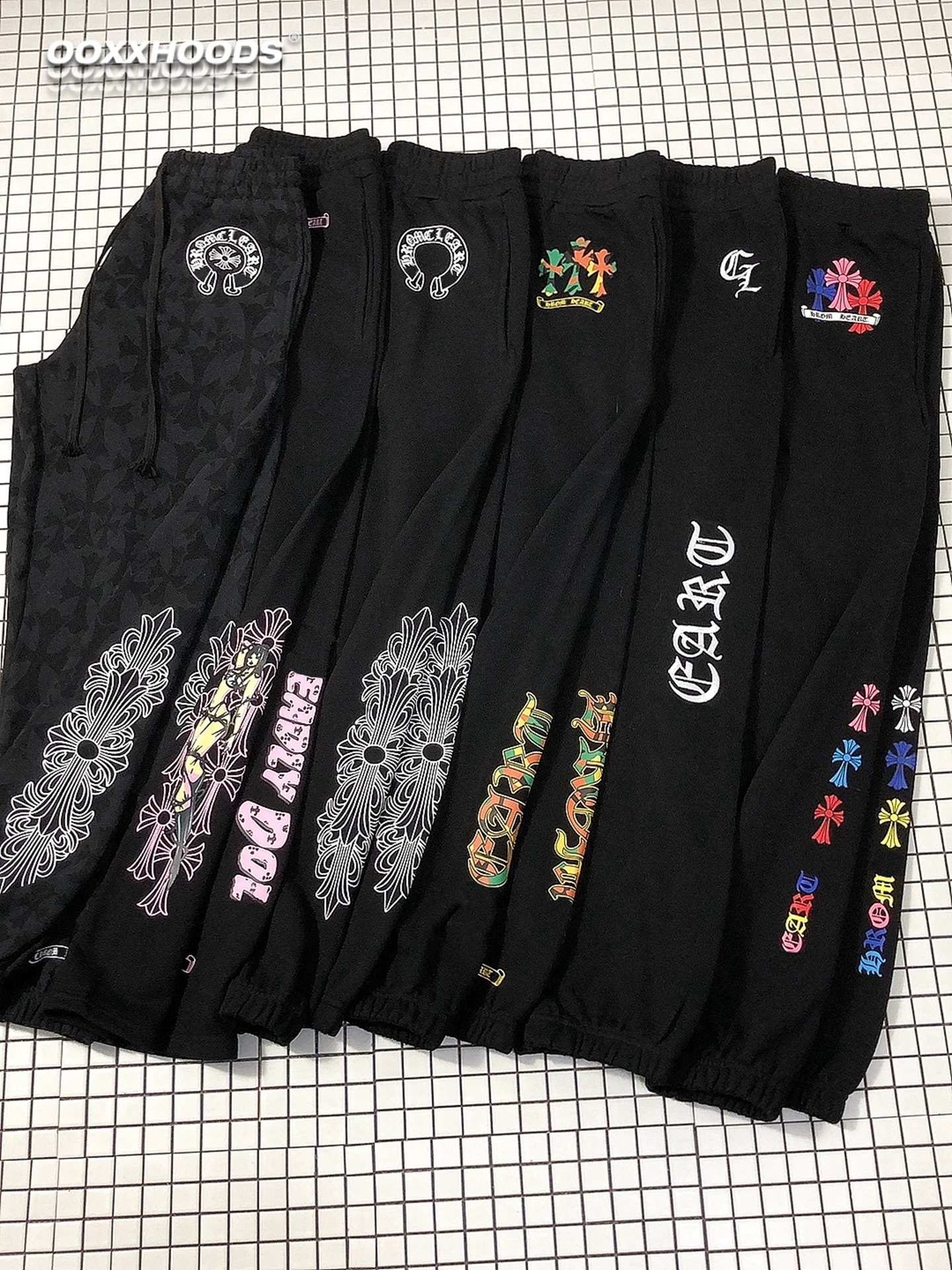 Street-Style Cross Print Lettering Straight-Leg Black Loose-Fitting Casual Jogger Sweatpants Pure Cotton Terry Foto QC de TAOBAO na Qualit.ly